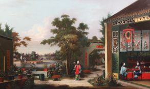 Circle of Youqua (Chinese, fl.1840-1870)oil on canvas,Houqua's garden on Honan Island,26 x 44in.