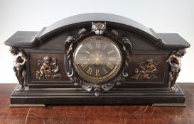 A Victorian bronze and black marble three piece clock garniture, of Renaissance revival form,