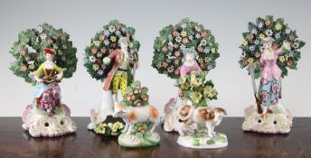 A collection of six Continental Chelsea style porcelain figures, 19th century, to include two
