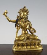 A Sino-Tibetan gilt bronze seated figure of Manjushri, set with turquoise and coral 'jewels',