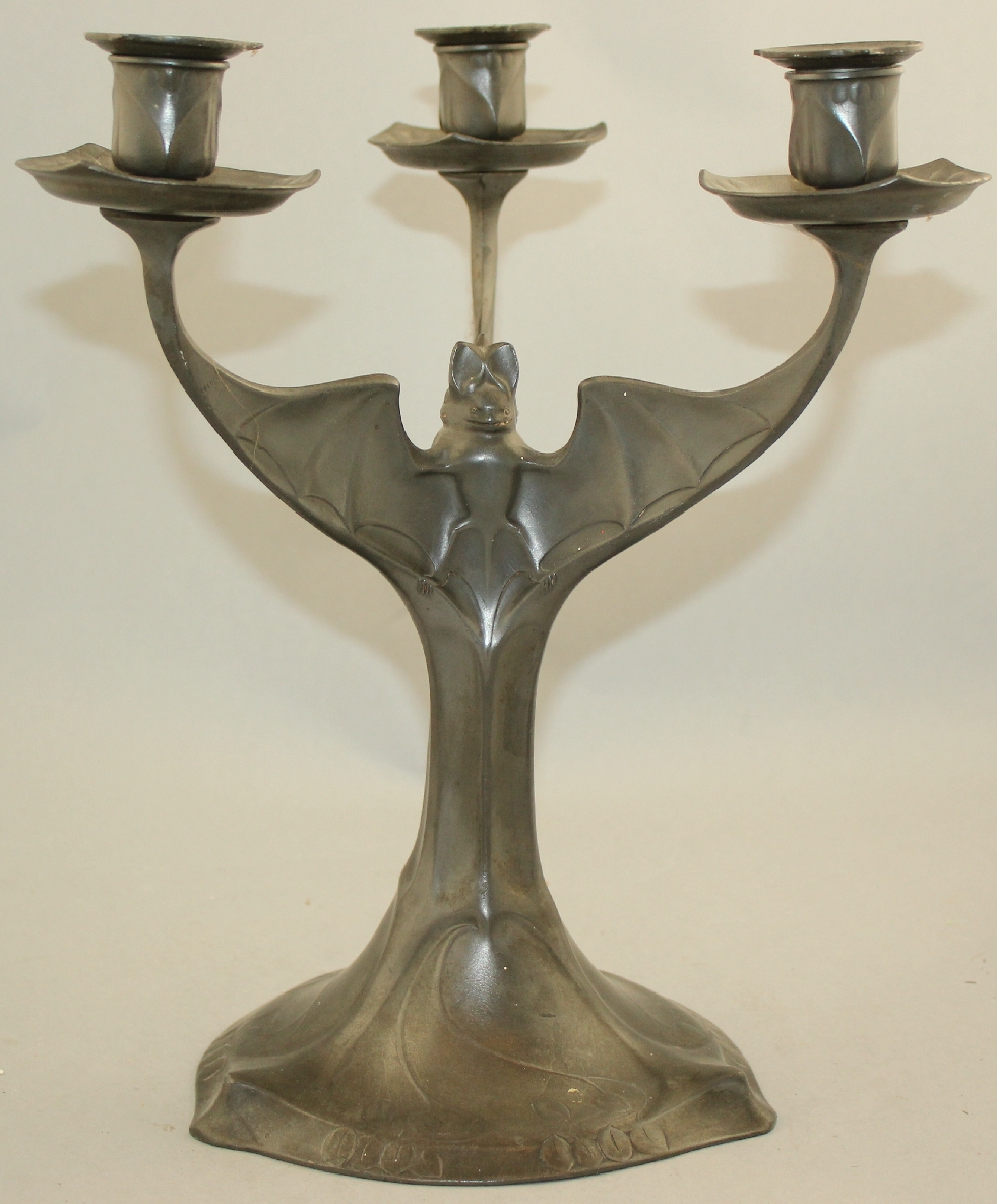 Hugo Levin. A Kayserzinn pewter three branch 'bat' candelabra, each branch modelled as a bat wing - Image 2 of 5