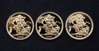 Three gold proof full sovereigns, 1985, 1988 & 1990, with certificates.