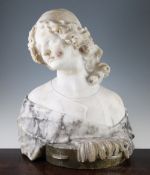 A large 19th century Italian carved marble bust of a young girl, with grey veined marble cape around