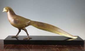 Lucien Gibert. An Art Deco patinated bronze model of a pheasant, on a rectangular polished marble