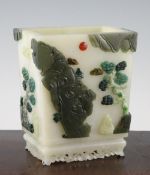 A large Chinese pale celadon jade and hardstone overlaid vase, of tapering rectangular form, applied