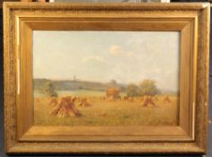 F.G. Beckett c.1900oil on canvas,Harvesters with windmill beyond,signed,20 x 30in.