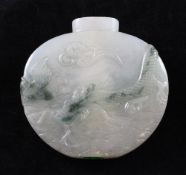 A Chinese jadeite moonflask-shaped snuff bottle, 1800-1900, carved in relief with a dragon and a