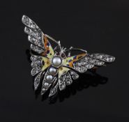 A gold and platinum, rose cut diamond, graduated split pearl and enamel butterfly brooch, with