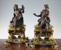 A pair of 19th century French bronze and ormolu figural andirons representing Winter, a classical