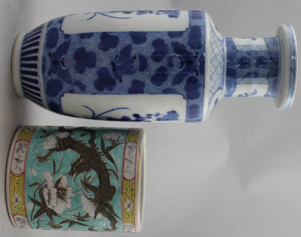 A Chinese blue and white rouleau vase and an enamelled porcelain brush pot, late 19th / early 20th - Image 5 of 6
