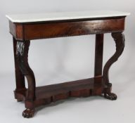 A 19th century mahogany marble top console table, with single frieze drawer, on scroll legs with