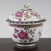 A Worcester flower moulded sucrier and cover, c.1780, later over enamelled with flower sprays within