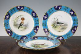 Three Minton 'cloisonné' dessert plates painted with scenes of exotic birds, c.1878, each plate