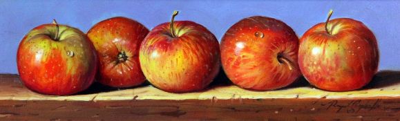 Raymond Campbell (1956-)oil on board,'Apples',signed,4.5 x 14.5in.