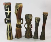 Five Papua New Guinea Sepik River Kundu wooden hand drums, of typical hour-glass form with skin