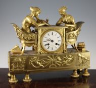 A 19th century French ormolu mantel clock, of architectural form modelled with two women seated at a