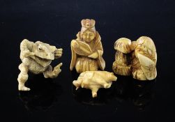 Four Japanese ivory or bone figures, late 19th / early 20th century, the first the kneeling figure