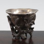 A Chinese rosewood libation cup, 17th / 18th century, carved in high relief and openwork with