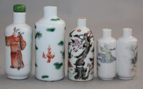 Four Chinese enamelled porcelain snuff bottles, 1830-1908, three of cylindrical form, the first