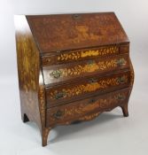 An early 19th century Dutch marquetry oak bureau, decorated with flowers, birds and insects, with