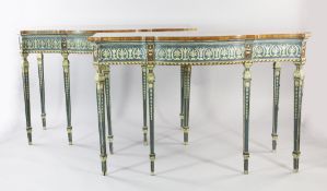 A pair of Neo-Classical style breakfront side tables, the crossbanded satinwood tops inlaid with fan
