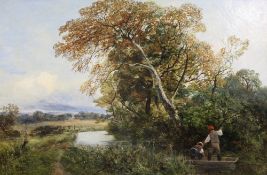 James Peel (1811-1906)oil on canvas,Punting on a country stream,16 x 24in.