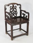 A late 19th century Chinese rosewood armchair, the back with central carved pierced splat with bat