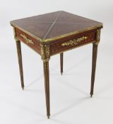 A Louis XVI style parquetry and ormolu envelope card table or table mouchoir, in the manner of