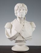 An English parian bust of Nelson, probably Coalport, c.1860, depicted wearing full military uniform,