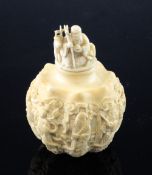 A rare Chinese ivory 'eight immortals' snuff bottle and stopper, 1800-1900, the lobed body carved in