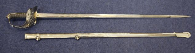 A Victorian 1895 pattern infantry officer's sword, in plated scabbard, Hawkes & Co., with etched