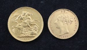 A Victoria 1871 gold full sovereign and an 1887 gold half sovereign.