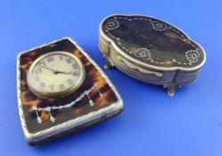 A George V silver and tortoiseshell eight day bedside timepiece, Sheffield, 1925, 4in. and a similar