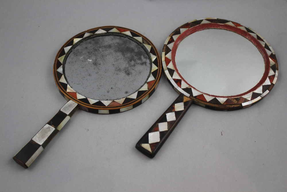 Two 19th century Ottoman circular hand mirrors, each with geometric mother of pearl, tortoiseshell - Image 2 of 4