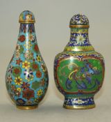 Two Chinese cloisonne enamel snuff bottles and stoppers, 1880-1940, the first of pear form decorated