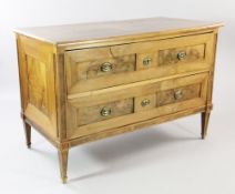 A late 18th / early 19th century Swiss walnut commode, the top and drawer fronts with burr walnut