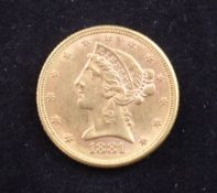A USA 1881 coronet head gold 5 dollars, good VF