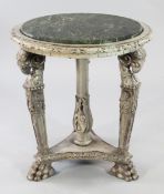 A 19th century French white painted marble top gueridon, the central stiff leaf column with tapering