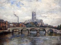 James Herbert Snell (1861-1935)oil on canvas,Worcester Cathedral and bridge,signed and inscribed