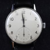 A gentleman's 1940's stainless steel Omega manual wind wrist watch, with Arabic dial and