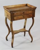 A late 19th century French rectangular side table, with galleried top and two frieze drawers, the