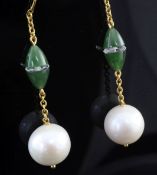 A pair of gold, cultured pearl and chrysophase? drop earrings, with facetted spacers, 1.75in.