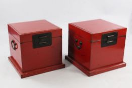 A pair of Chinese red cinnabar lacquered square wedding boxes, each with patinated brass