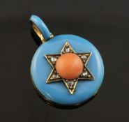 A late Victorian, gold, split coral bead, rose cut diamond and blue enamel pendant locket, of