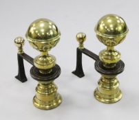 A pair of late 19th century brass and steel andirons, with large stiff leafed ball finials and