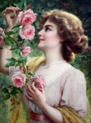 Emile Vernon (1872-1919)oil on canvas,Lady picking pink roses,signed and dated 1911,25 x 19in.