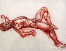 Grace Golden (1902-1993)pencil and sepia chalk,Reclining male nude,signed in pencil,6.5 x 8in.