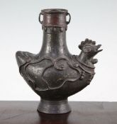 A Chinese archaistic bronze 'cockerel' vessel, with cylindrical neck and applied scrolling