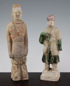 Two Chinese pottery figures, Wei and Ming dynasty, the earlier figure with remnants of polychrome to