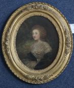 After George Romneyoil on wooden panel,Portrait of the Marquise de Treville,oval,8 x 6.5in.